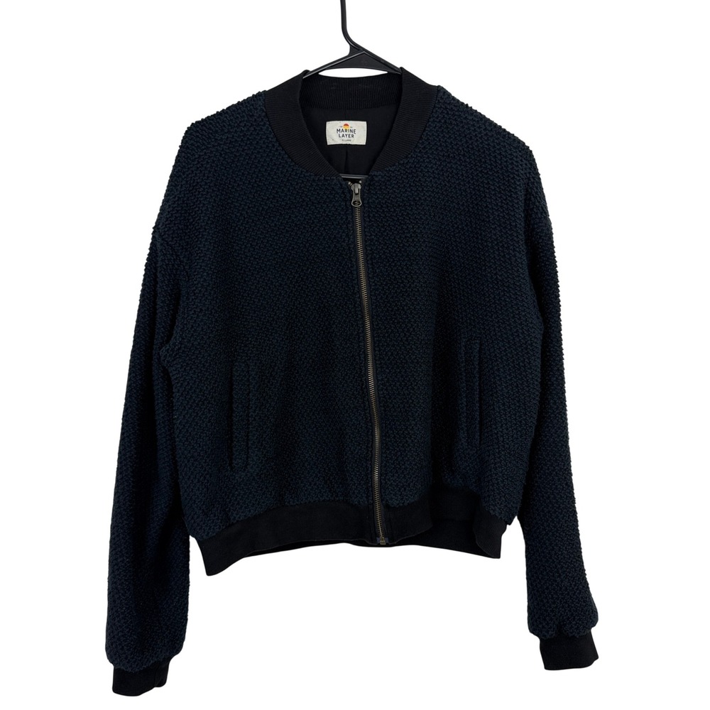 Marine Layer Jacket Womens XL Black Textured Knit Full Zip Bomber Style Birdseye